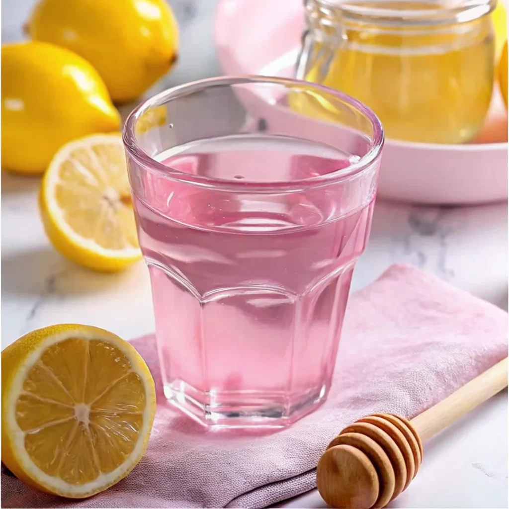A glass of pink lemonade on a pink napkin with fresh lemons, a honey dipper, and a jar of honey in the background.