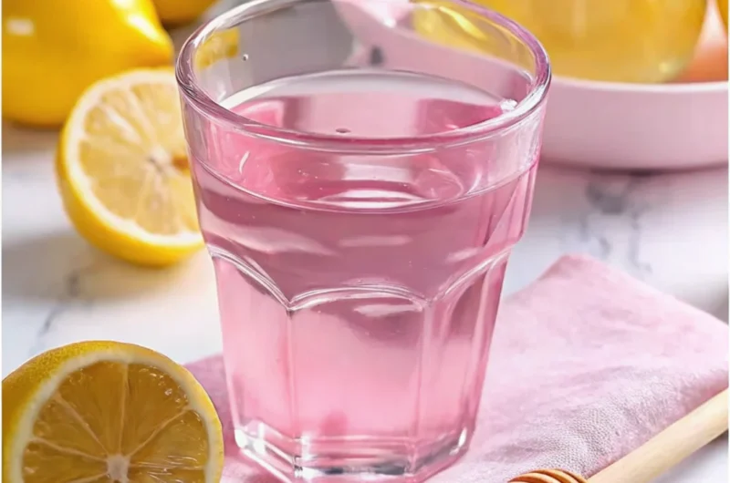 A glass of pink lemonade on a pink napkin with fresh lemons, a honey dipper, and a jar of honey in the background.