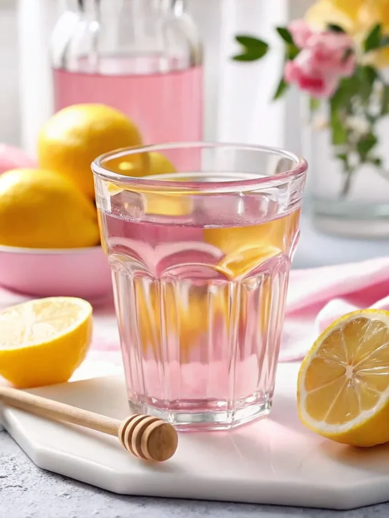 A glass of pink lemonade on a pink napkin with fresh lemons, a honey dipper, and a jar of honey in the background.