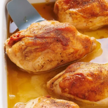 Juicy oven baked chicken breast with seasoning on a baking tray.