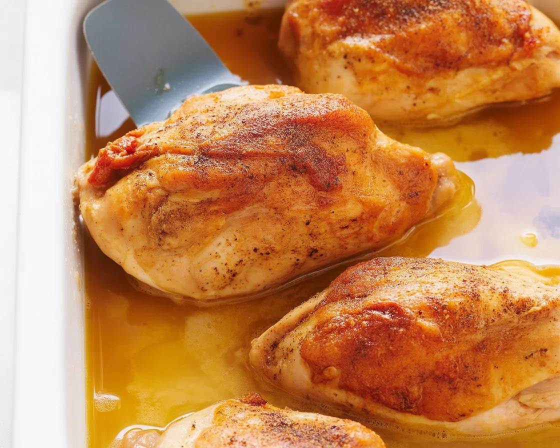 Juicy oven baked chicken breast with seasoning on a baking tray.