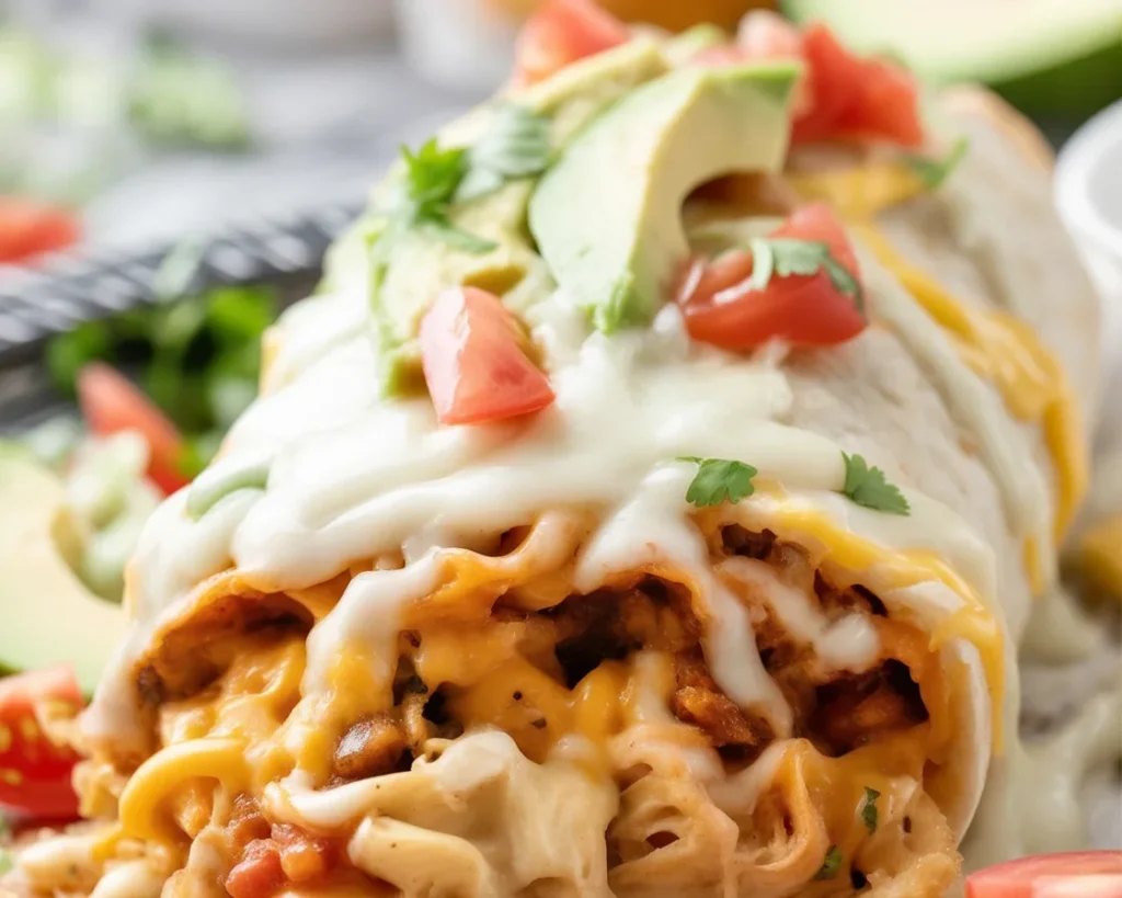 Smothered Baked Chicken Burritos topped with creamy sauce and cheese.
