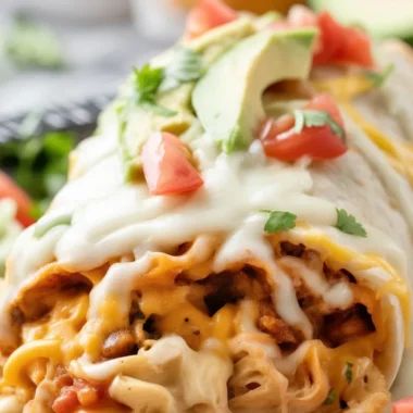 Smothered Baked Chicken Burritos topped with creamy sauce and cheese.