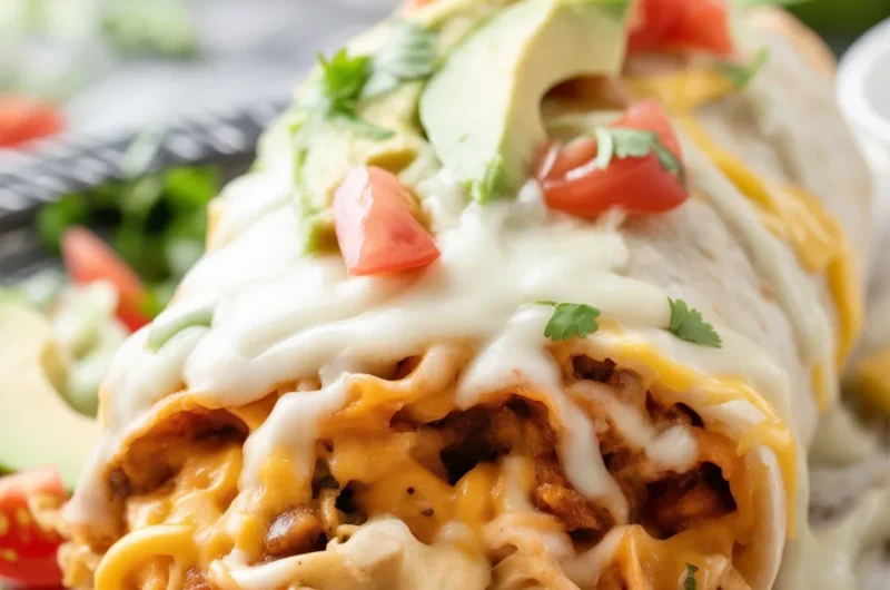Smothered Baked Chicken Burritos topped with creamy sauce and cheese.
