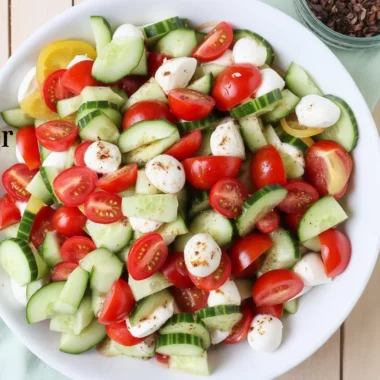 Fresh Cucumber Caprese Salad with tomatoes, mozzarella, and basil