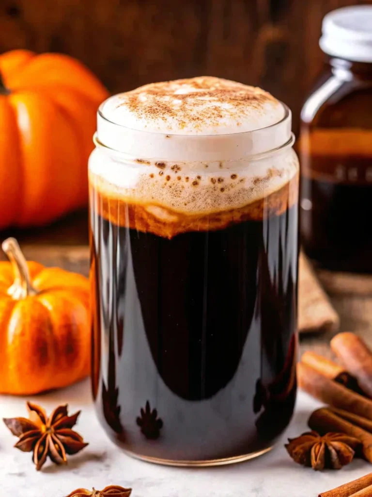 Glass of pumpkin spice cold brew topped with whipped foam and cinnamon, surrounded by pumpkins, cinnamon sticks, and star anise.