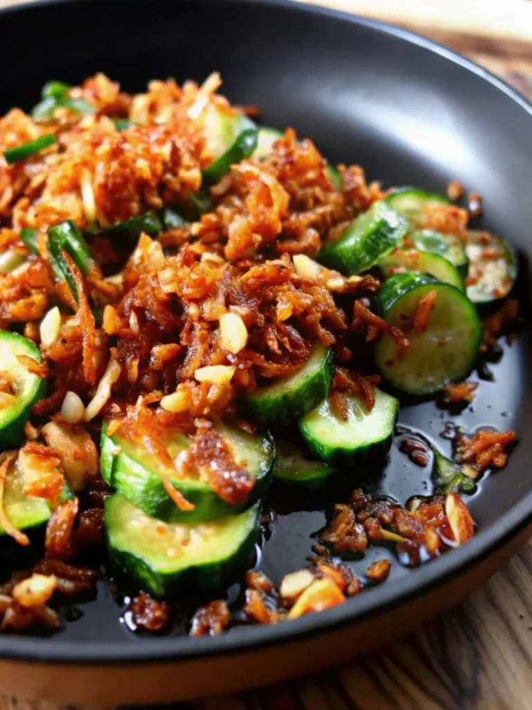 Close-up of a vibrant rispy rice salad featuring golden crispy baked rice atop fresh diced Persian cucumbers, chopped mint, spring onions, and a savory soy-ginger dressing in a black bowl.