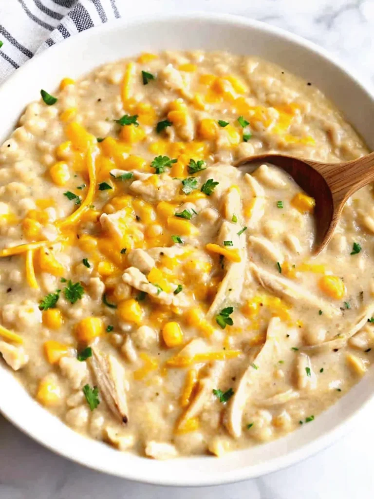 Two bowls of homemade white chicken chili with creamy broth, tender chicken pieces, white beans, corn kernels, and fresh herb garnish
