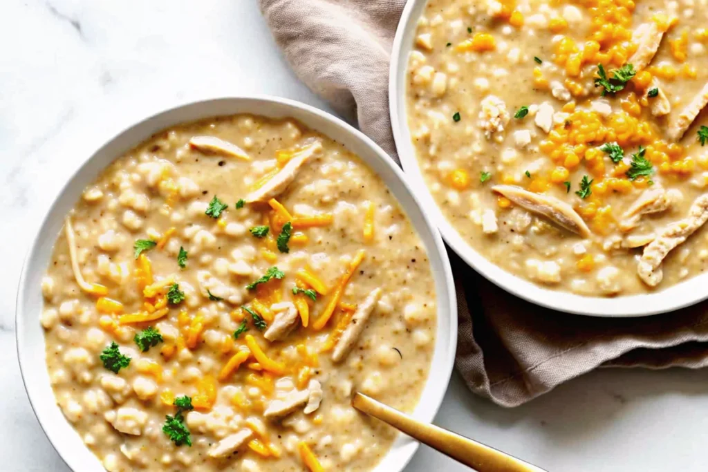 Two bowls of homemade white chicken chili with creamy broth, tender chicken pieces, white beans, corn kernels, and fresh herb garnish