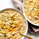 Two bowls of homemade white chicken chili with creamy broth, tender chicken pieces, white beans, corn kernels, and fresh herb garnish