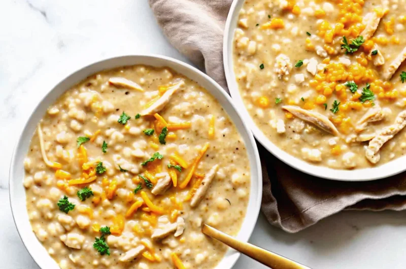 Two bowls of homemade white chicken chili with creamy broth, tender chicken pieces, white beans, corn kernels, and fresh herb garnish