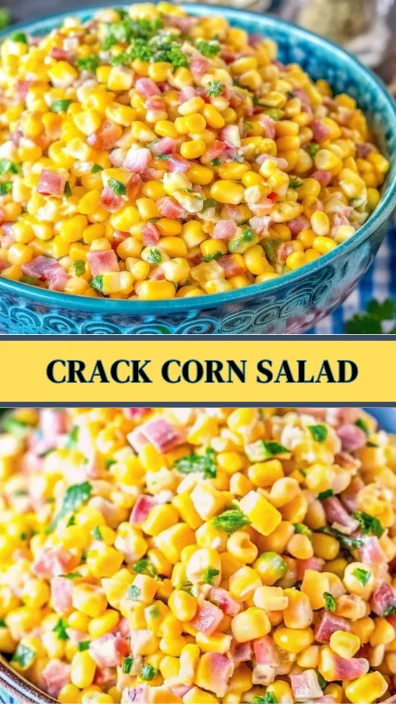 Creamy corn salad with diced red bell pepper, onions, and fresh herbs served in a blue bowl.