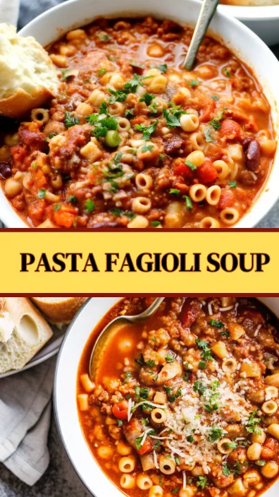 A hearty bowl of homemade pasta fagioli soup garnished with fresh parsley and served with crusty bread.