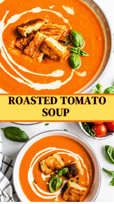Roasted tomato soup with fresh tomatoes, creamy swirl, and crispy grilled cheese croutons topped with fresh basil.