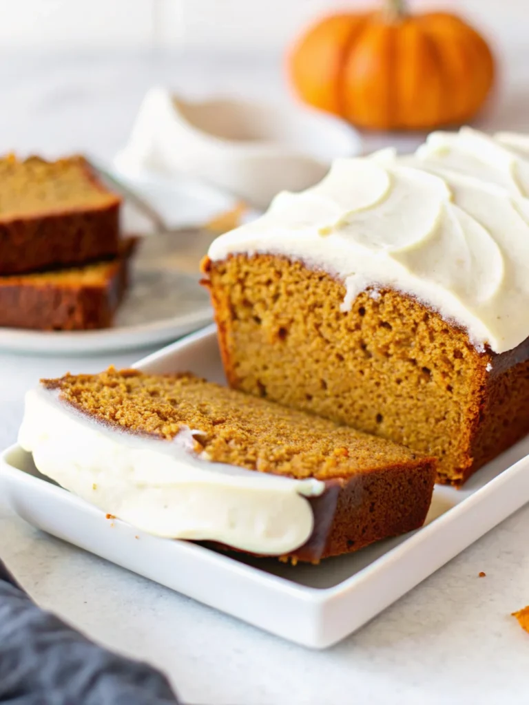 Sliced pumpkin bread with cream cheese frosting showing moist orange interior texture and white glaze drizzle