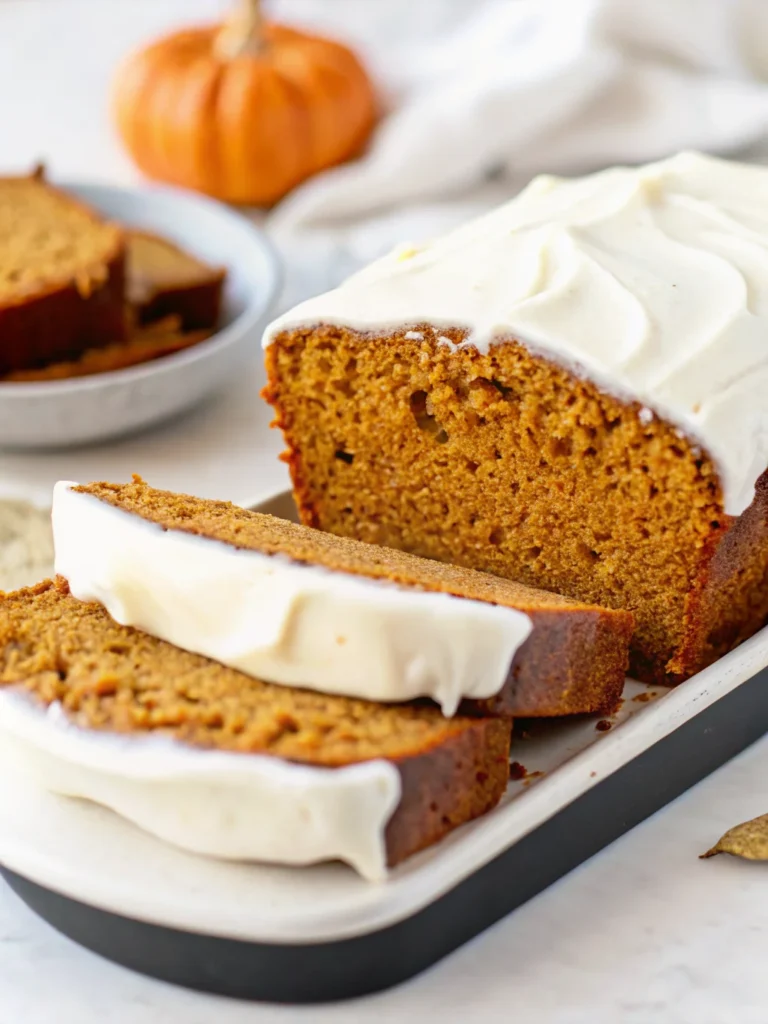 Sliced pumpkin bread with cream cheese frosting showing moist orange interior texture and white glaze drizzle