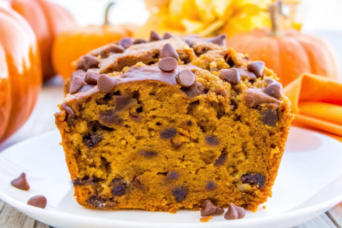 Sliced pumpkin chocolate chip bread with chocolate chips on white plate surrounded by orange pumpkins - homemade fall baking recipe