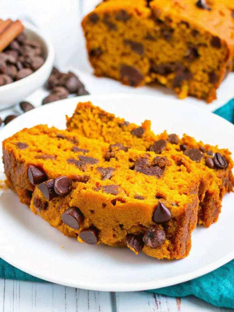 Sliced pumpkin chocolate chip bread with chocolate chips on white plate surrounded by orange pumpkins - homemade fall baking recipe