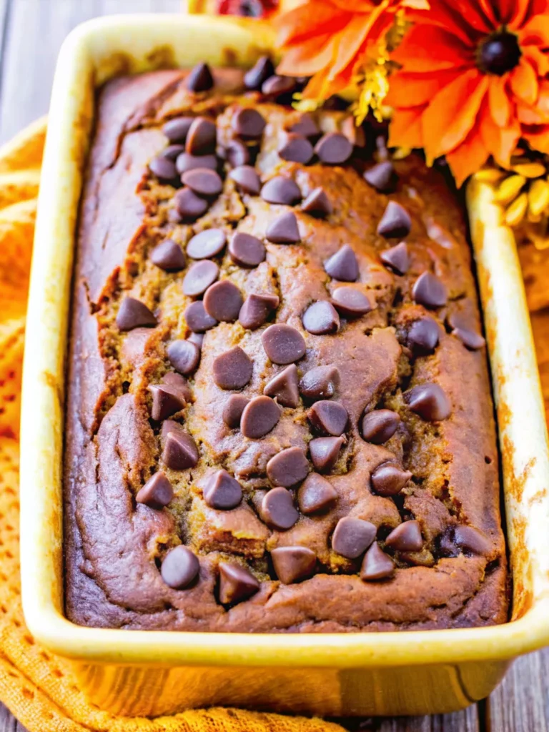 Sliced pumpkin chocolate chip bread with chocolate chips on white plate surrounded by orange pumpkins - homemade fall baking recipe