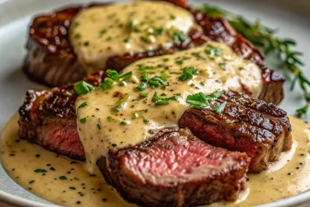 Juicy grilled steak topped with creamy peppercorn sauce, garnished with chopped herbs on a plate.