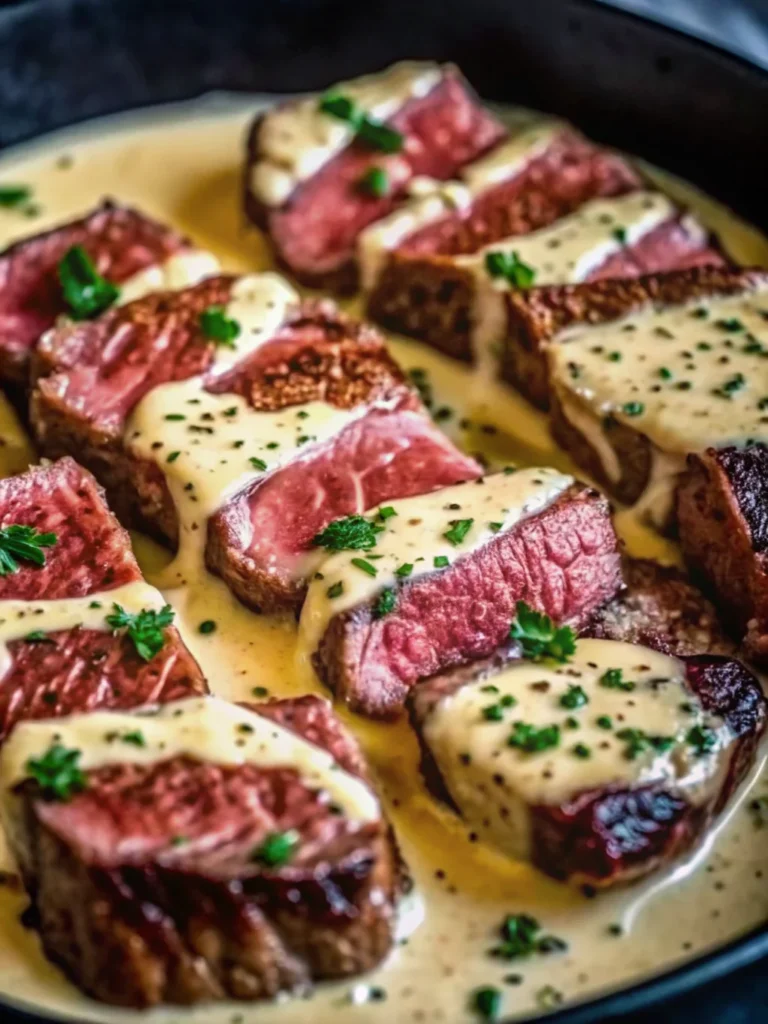 Juicy grilled steak topped with creamy peppercorn sauce, garnished with chopped herbs on a plate.