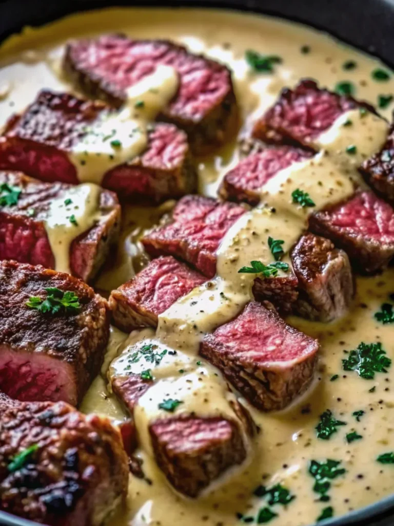Juicy grilled steak topped with creamy peppercorn sauce, garnished with chopped herbs on a plate.
