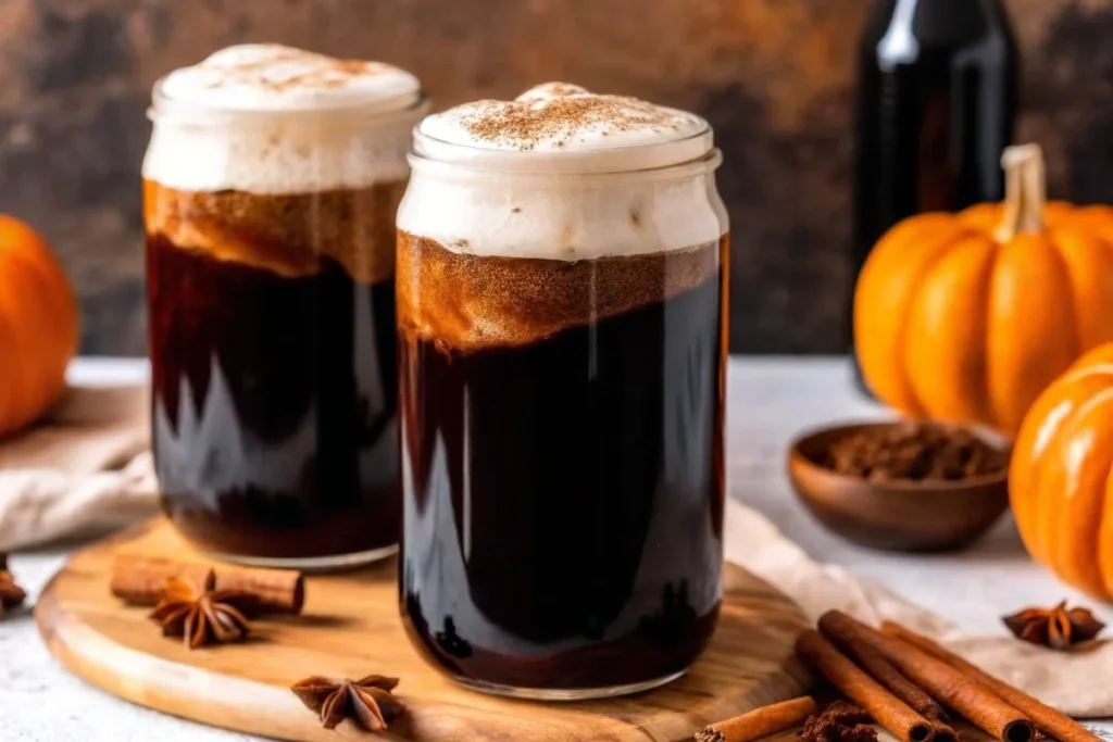 Glass of pumpkin spice cold brew topped with whipped foam and cinnamon, surrounded by pumpkins, cinnamon sticks, and star anise.