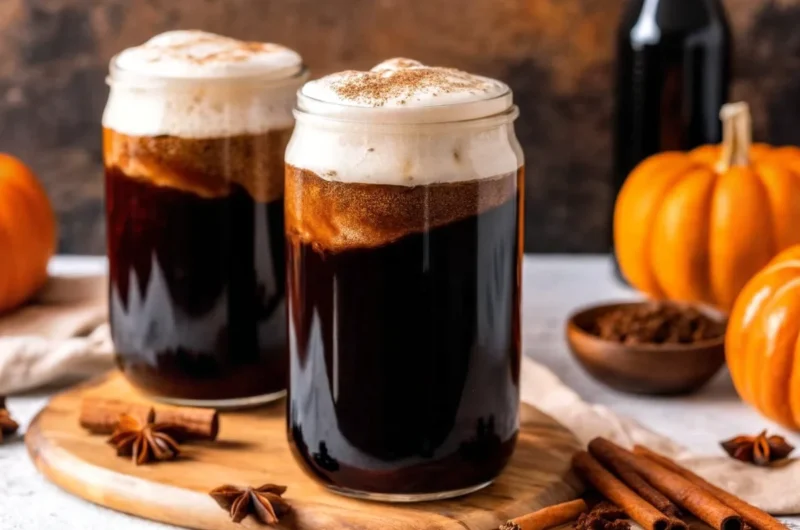 Glass of pumpkin spice cold brew topped with whipped foam and cinnamon, surrounded by pumpkins, cinnamon sticks, and star anise.