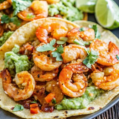 Shrimp tacos recipe featuring grilled shrimp, creamy guacamole, fresh cilantro, and lime wedges on soft corn tortillas.