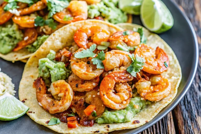 Shrimp tacos recipe featuring grilled shrimp, creamy guacamole, fresh cilantro, and lime wedges on soft corn tortillas.