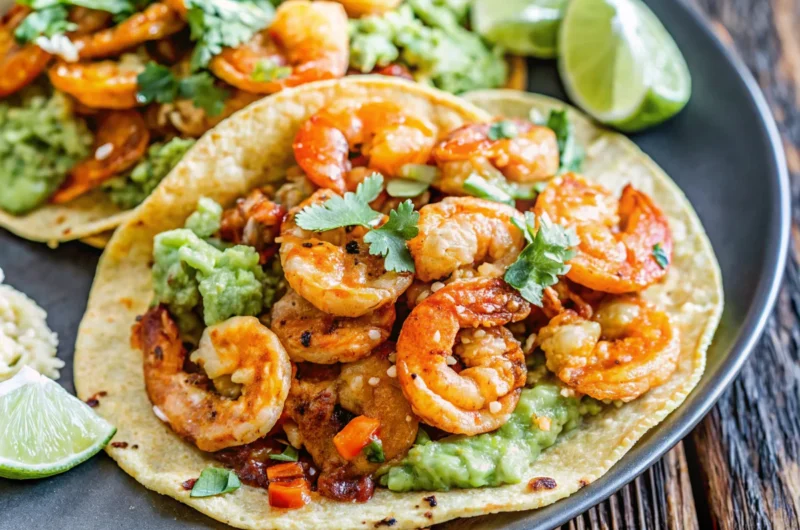 Shrimp tacos recipe featuring grilled shrimp, creamy guacamole, fresh cilantro, and lime wedges on soft corn tortillas.