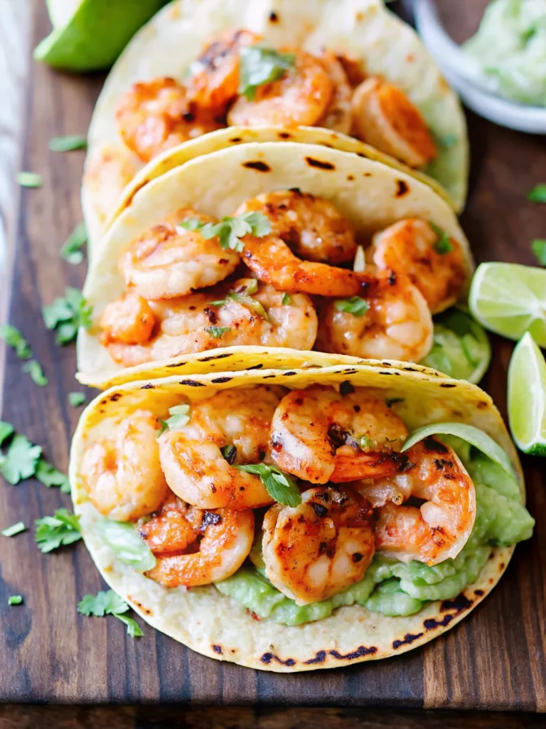 Shrimp tacos recipe featuring grilled shrimp, creamy guacamole, fresh cilantro, and lime wedges on soft corn tortillas.