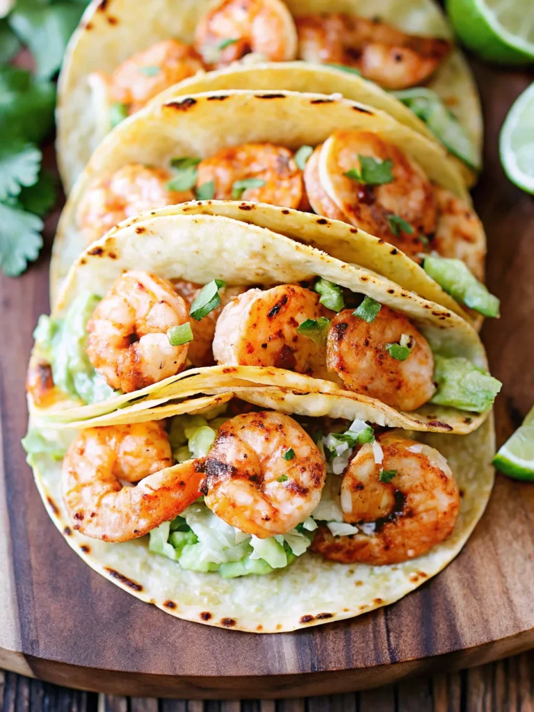 Shrimp tacos recipe featuring grilled shrimp, creamy guacamole, fresh cilantro, and lime wedges on soft corn tortillas.