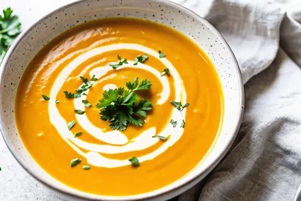 A bowl of creamy pumpkin soup garnished with fresh parsley, a swirl of cream, and cracked black pepper.