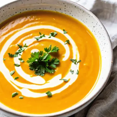A bowl of creamy pumpkin soup garnished with fresh parsley, a swirl of cream, and cracked black pepper.