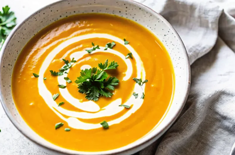 A bowl of creamy pumpkin soup garnished with fresh parsley, a swirl of cream, and cracked black pepper.