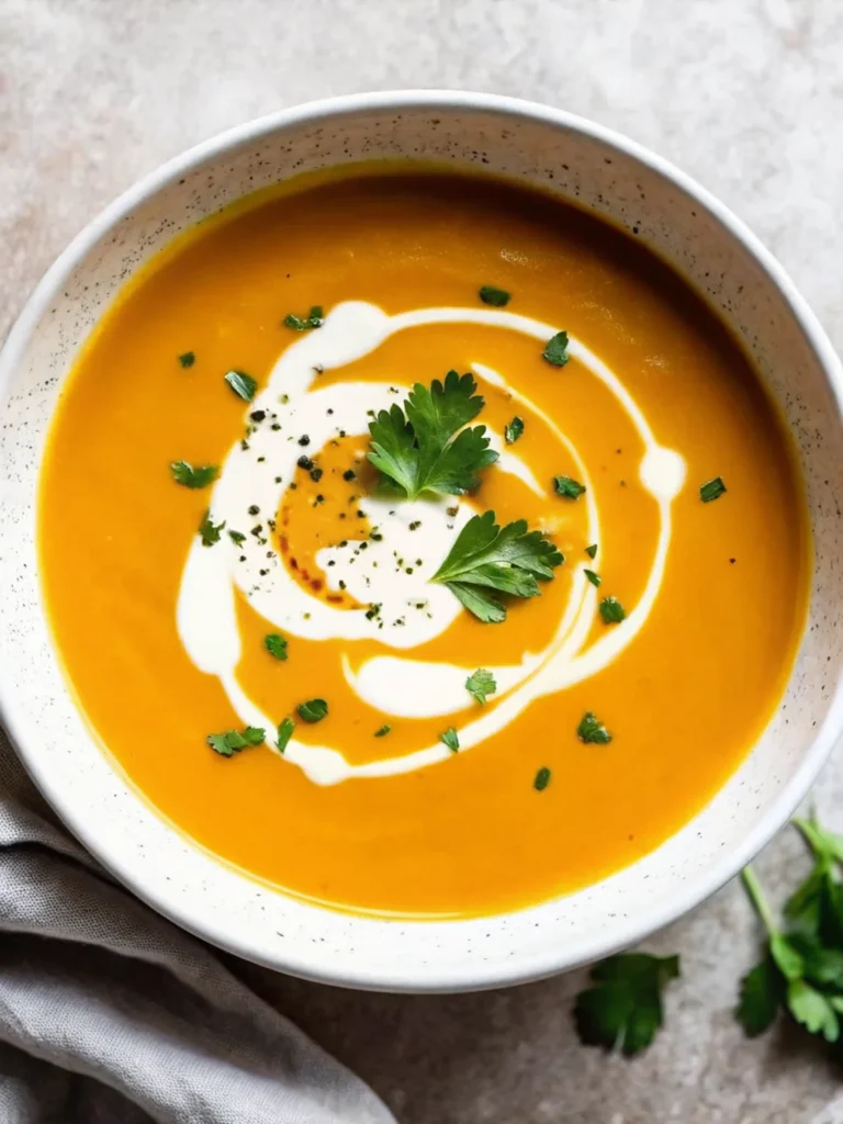 A bowl of creamy pumpkin soup garnished with fresh parsley, a swirl of cream, and cracked black pepper.