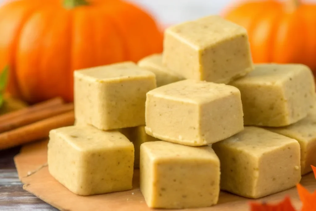 Delicious pumpkin fudge squares with cinnamon and fall decorations.