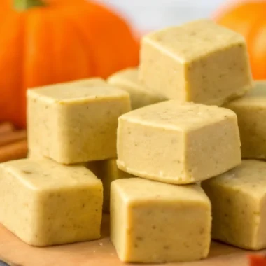 Delicious pumpkin fudge squares with cinnamon and fall decorations.