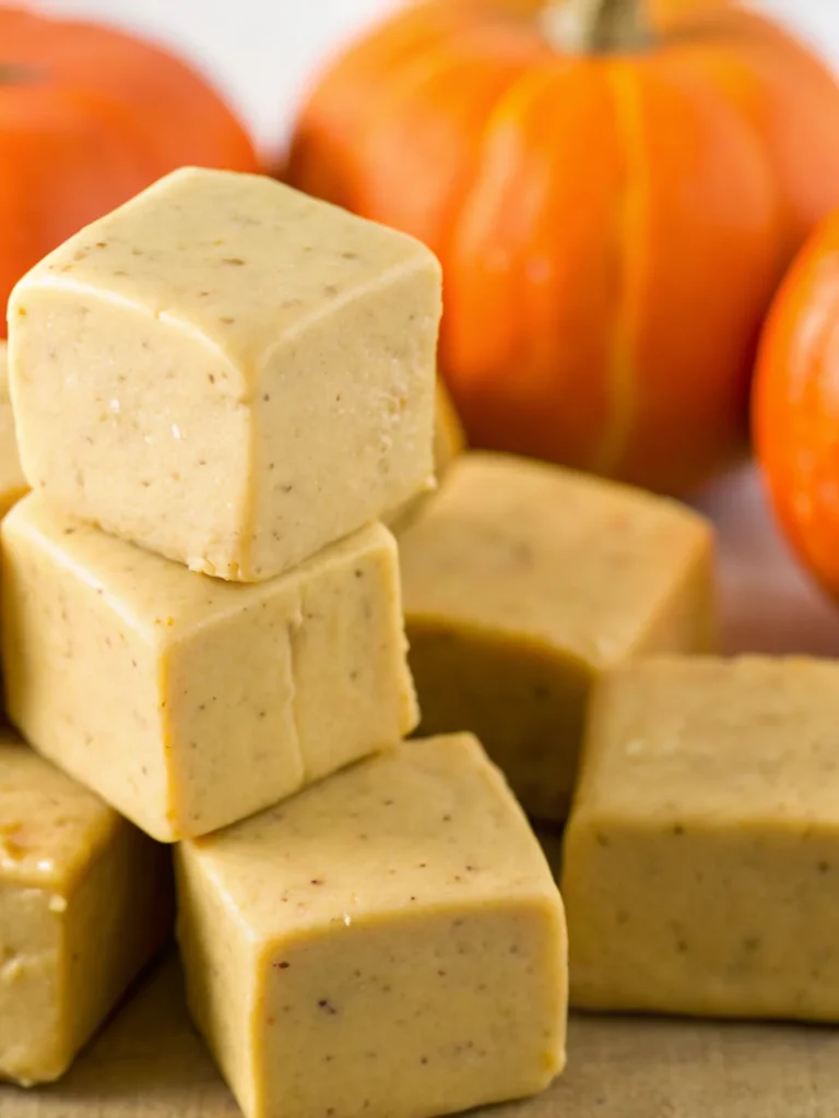 Delicious pumpkin fudge squares with cinnamon and fall decorations.
