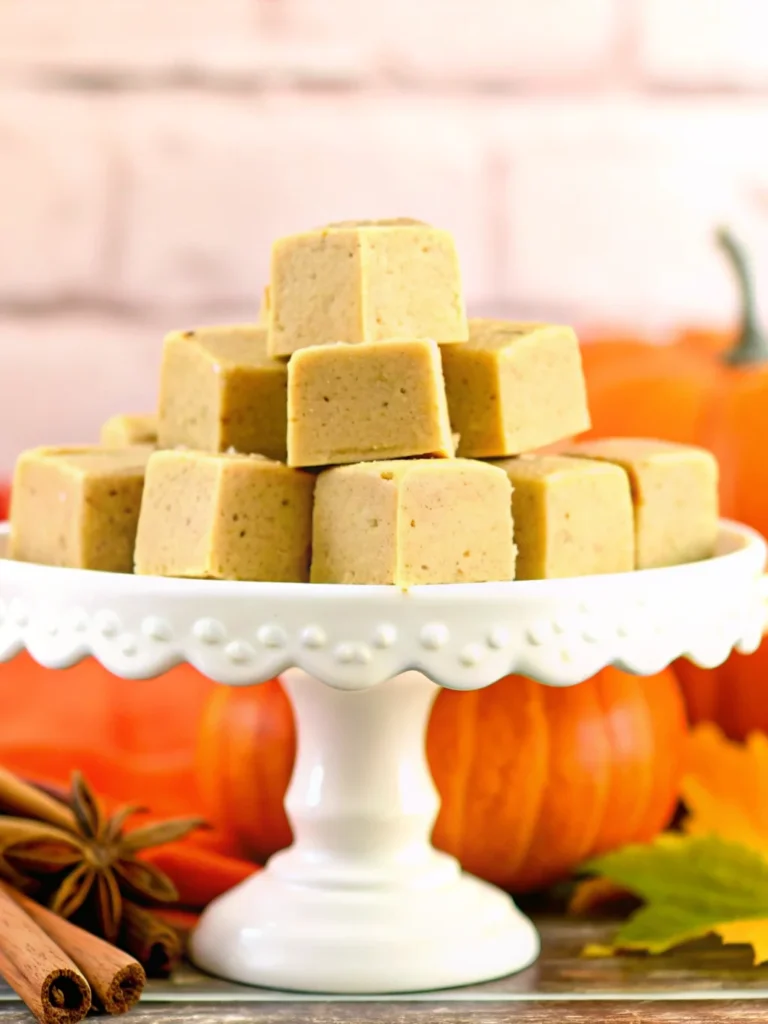 Delicious pumpkin fudge squares with cinnamon and fall decorations.