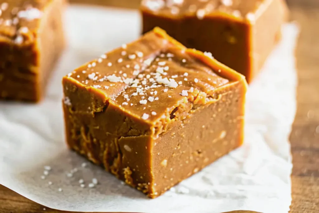 Homemade pumpkin fudge recipe squares with sea salt garnish on parchment paper - creamy fall dessert