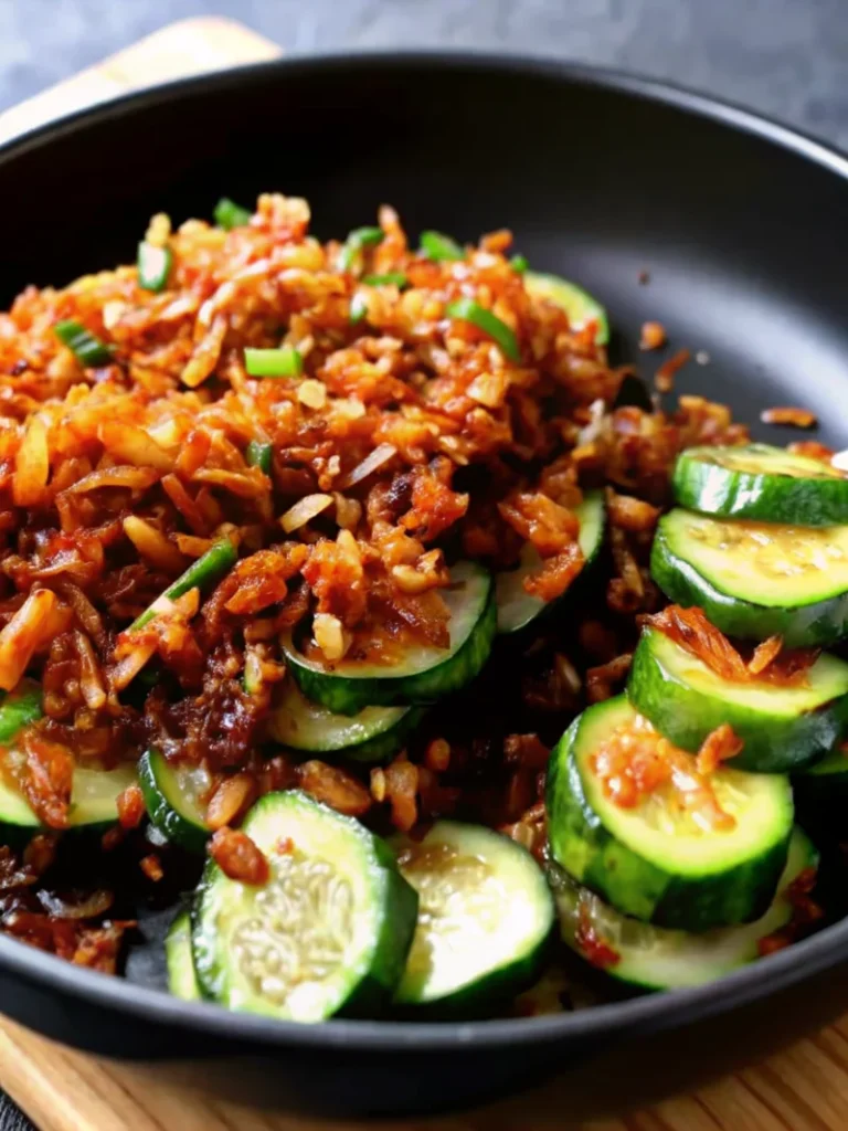 Close-up of a vibrant rispy rice salad featuring golden crispy baked rice atop fresh diced Persian cucumbers, chopped mint, spring onions, and a savory soy-ginger dressing in a black bowl.