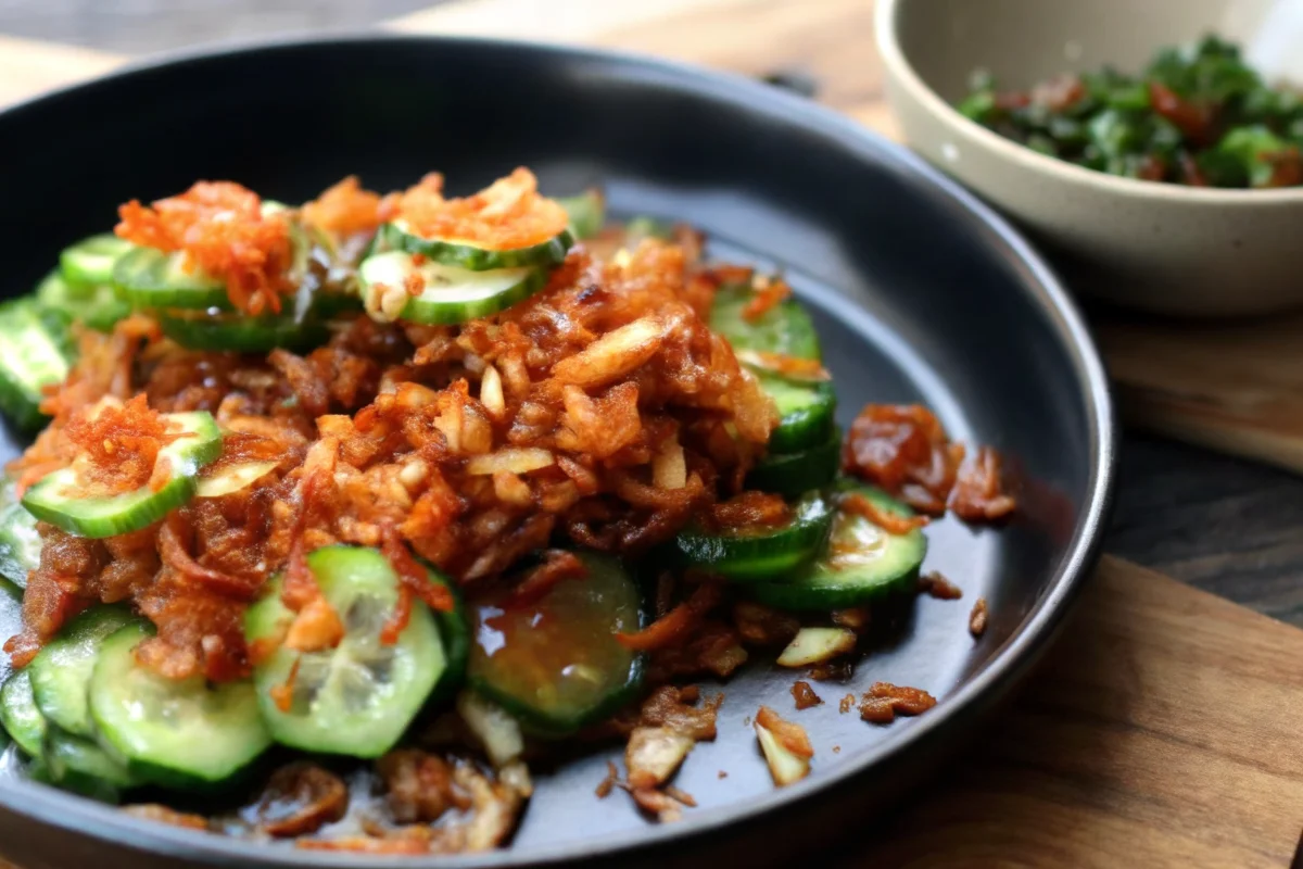 Close-up of a vibrant rispy rice salad featuring golden crispy baked rice atop fresh diced Persian cucumbers, chopped mint, spring onions, and a savory soy-ginger dressing in a black bowl.