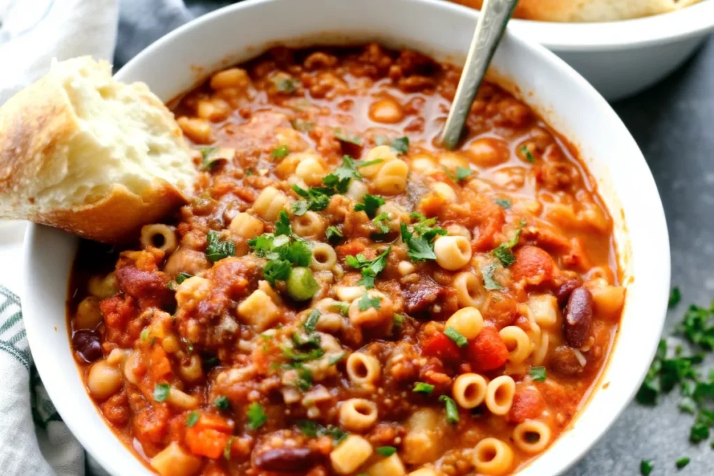 A hearty bowl of homemade pasta fagioli soup garnished with fresh parsley and served with crusty bread.