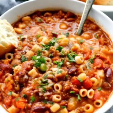 A hearty bowl of homemade pasta fagioli soup garnished with fresh parsley and served with crusty bread.
