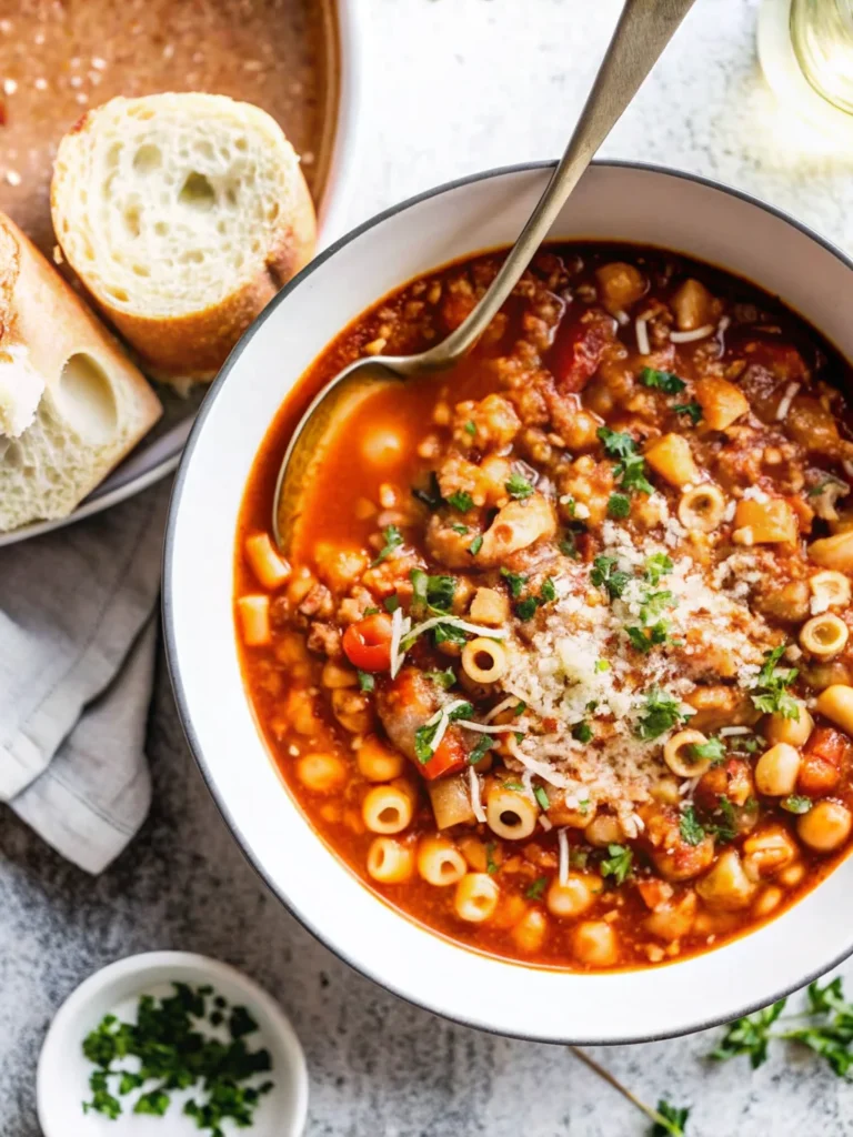 A hearty bowl of homemade pasta fagioli soup garnished with fresh parsley and served with crusty bread.