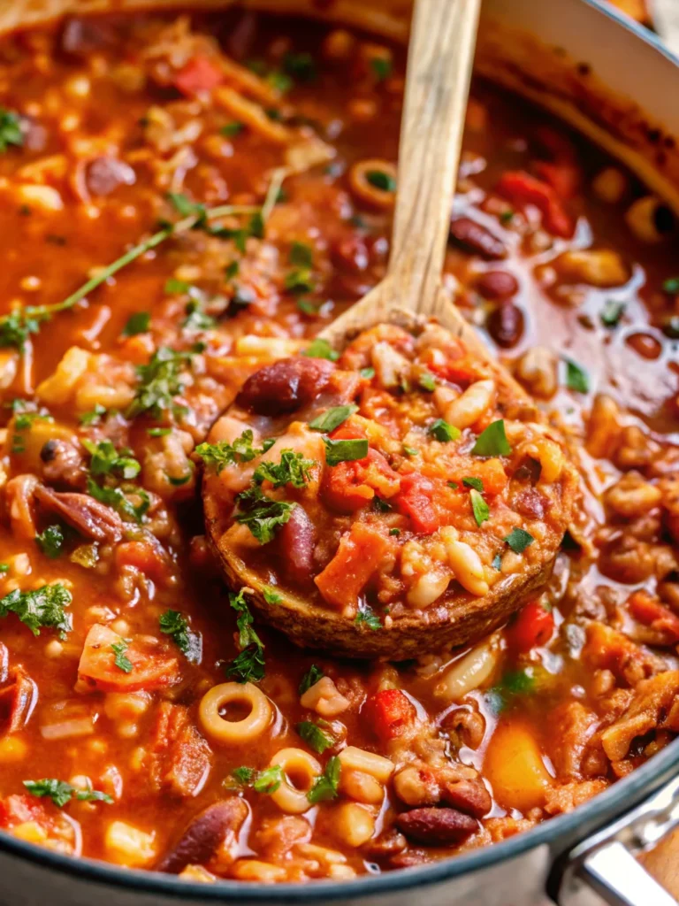 A hearty bowl of homemade pasta fagioli soup garnished with fresh parsley and served with crusty bread.