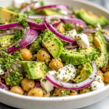 Chickpea feta avocado salad with fresh herbs and red onions, garnished with lemony dressing.