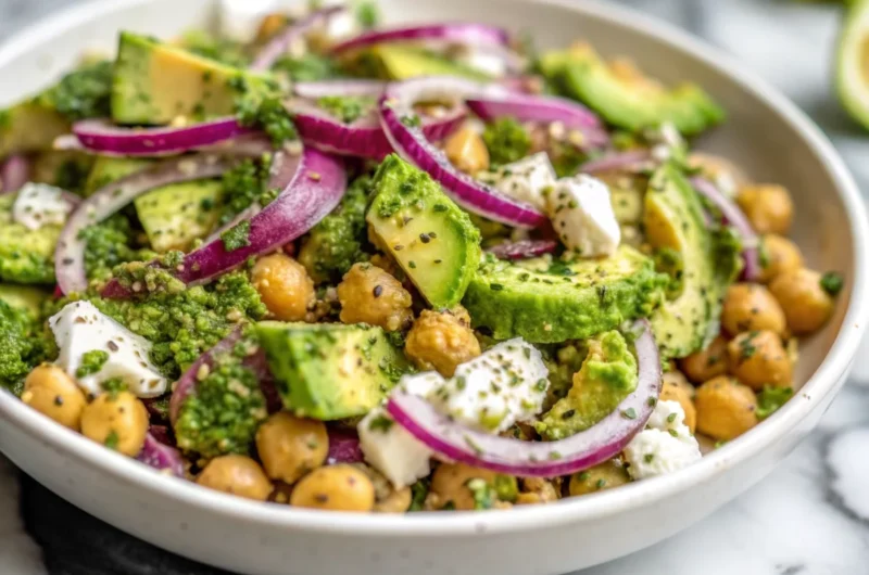 Chickpea feta avocado salad with fresh herbs and red onions, garnished with lemony dressing.